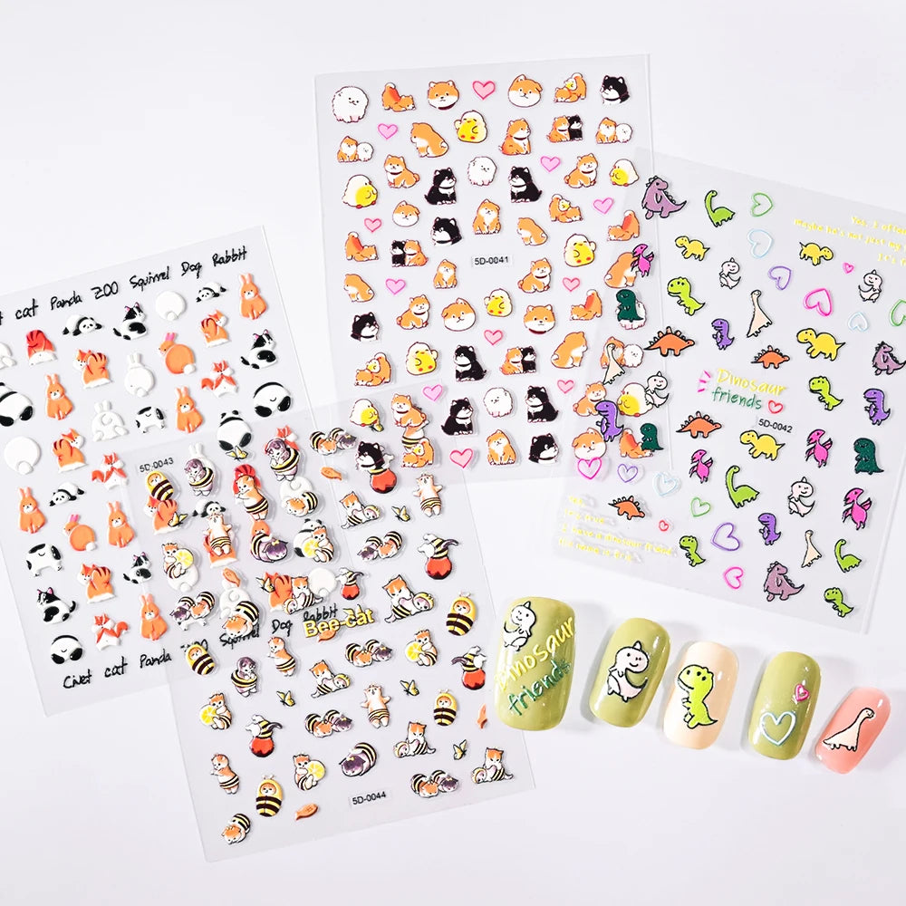 5D Cartoon Dinosaur Dog Nail Stickers for Nails Art Decoration Cute Animal Anime Slider Manicure Nail Sticker Decals
