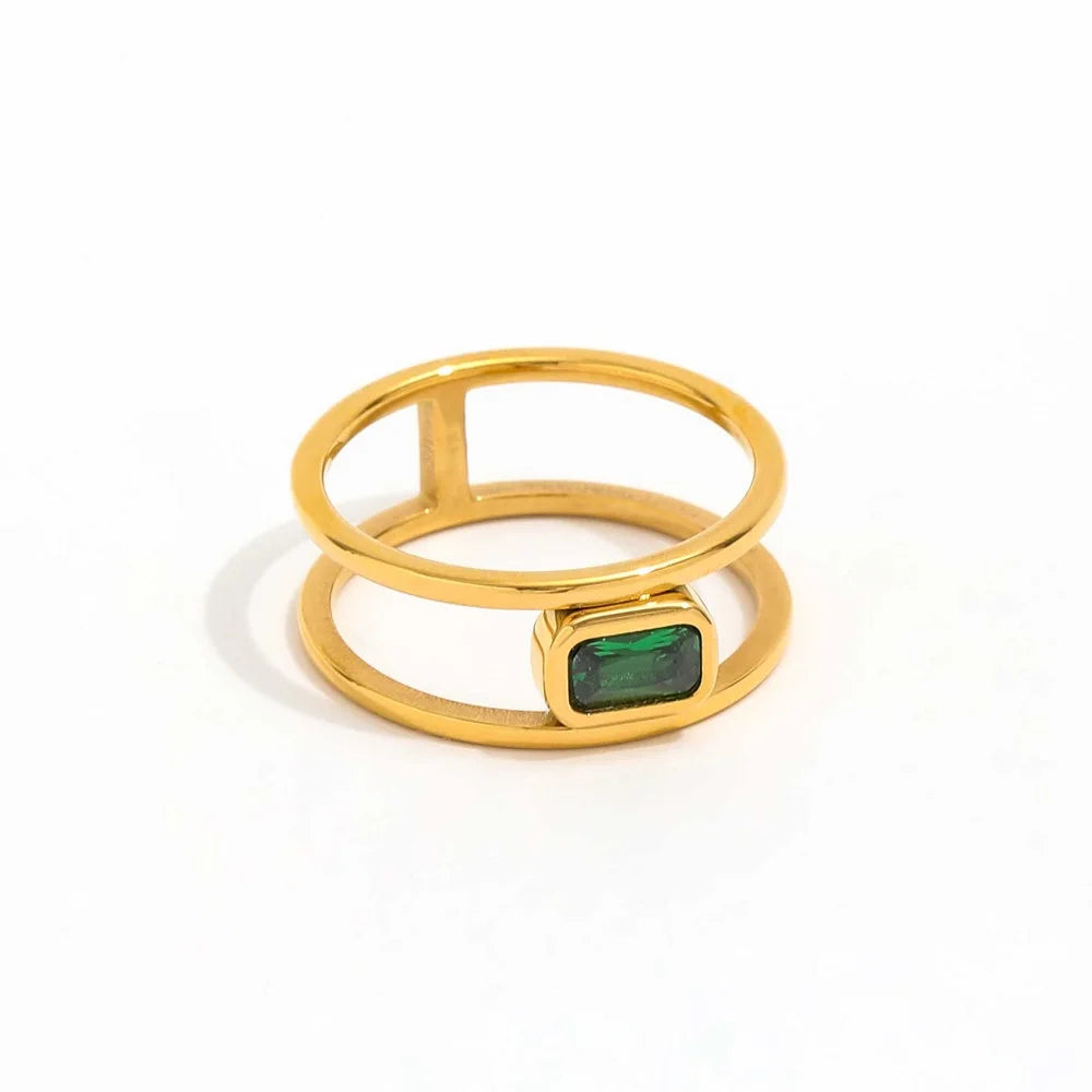 Joolim Jewelry Wholesale Women's Trendy 18K Gold Plated Rectangle Green Zirconia Stainless Steel Double-Layer Lines Ring