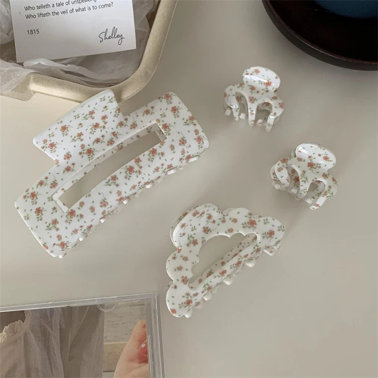High Quality Girl's Sweet Cute Acrylic Hair Accessories Large Flower Printed Geometric Shark Jaw Clip Horsetail Hair Claw