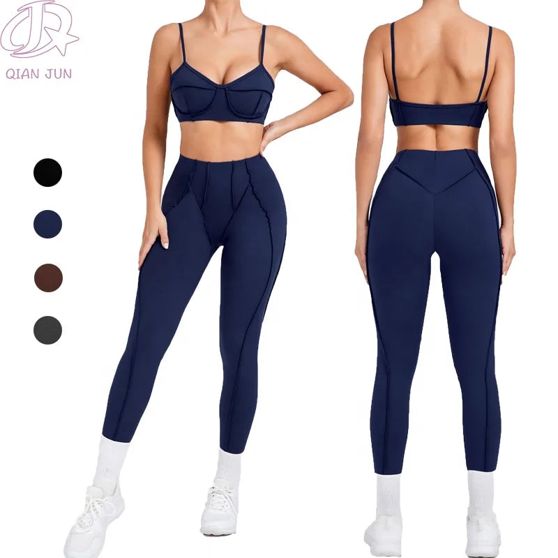 Hot Sale Sports Yoga Two Piece Sets Seam Bra and High Waist Running Pants Gym Wear Women Sets