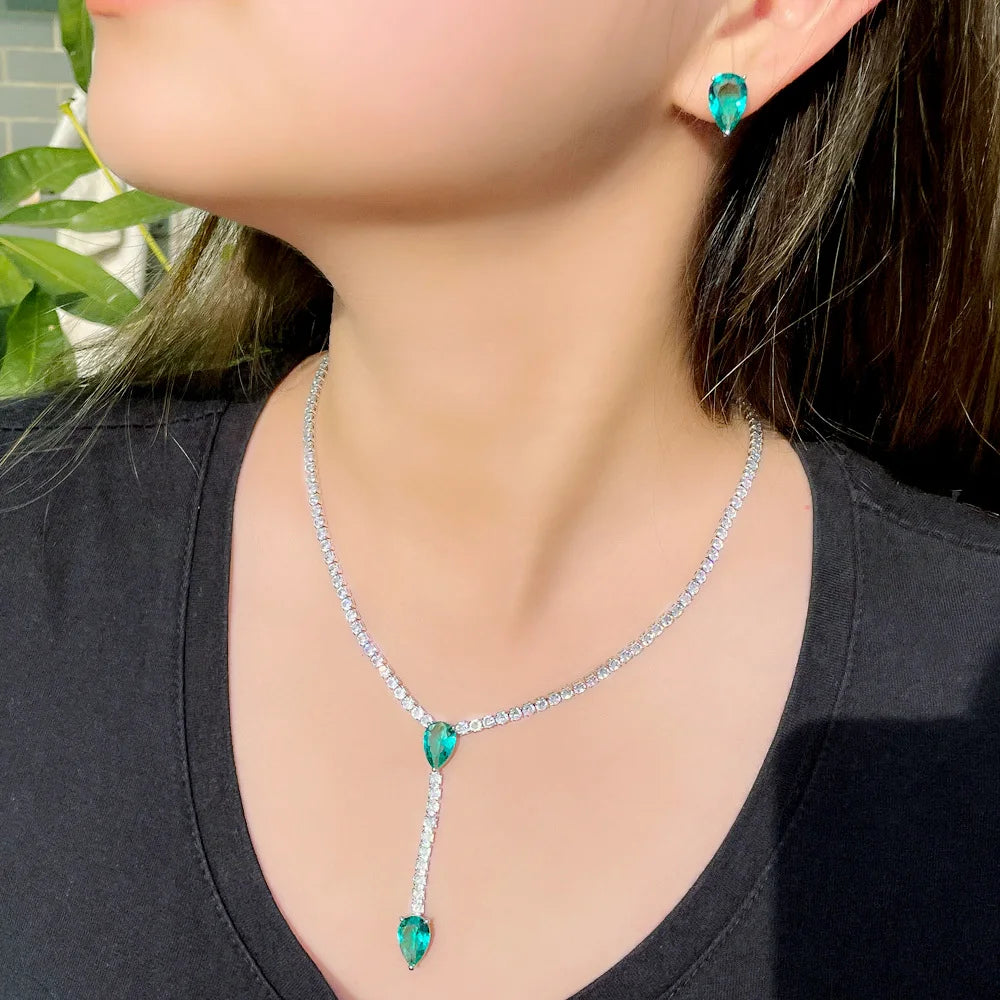 Simple Fashion Tassel Water Drop Green CZ Crystal Women Wedding Necklace and Earring Set Chic Bridal Jewelry Accessories MegaBDM