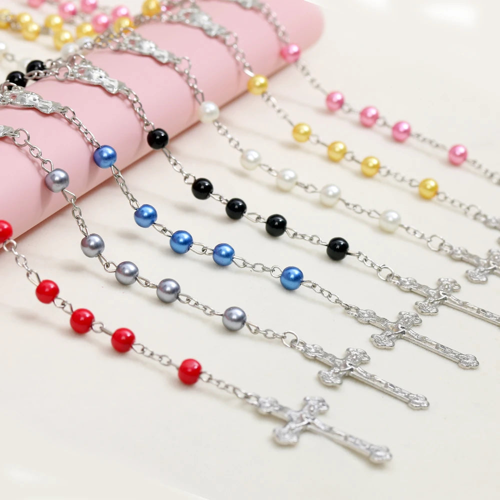 Catholic Rosary Prayer Beads Imitation Pearl Necklace Cross Baptismal Communion Rosary  8mm Christian Jesus Jewelry Church Gift
