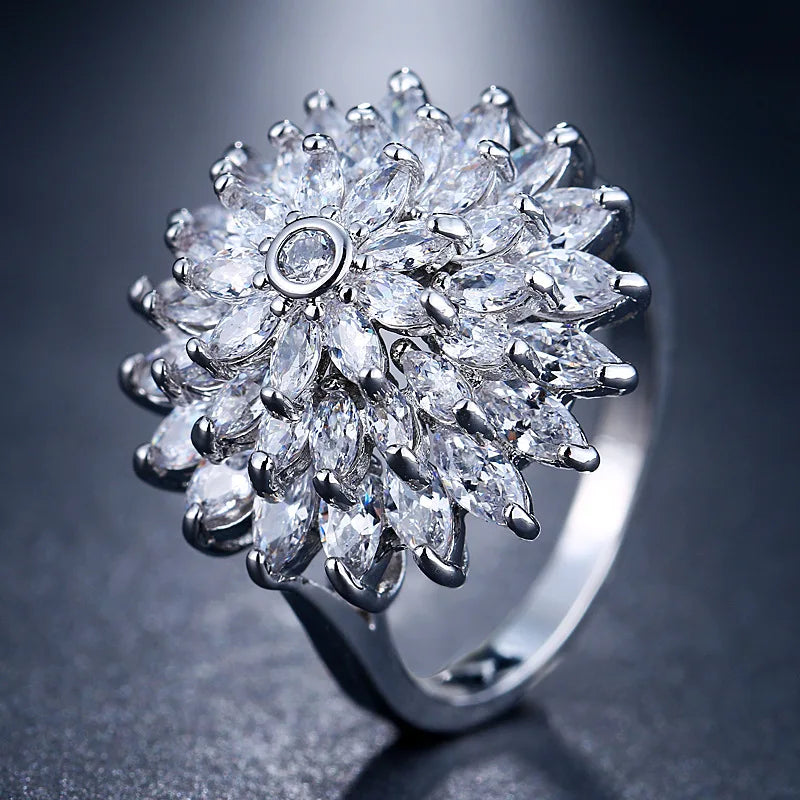 Young Me Fashion Classic Claw Setting Three-layer Marquise-shaped Cubic Zirconia Flower Big Ring Engagement Wedding Third Party