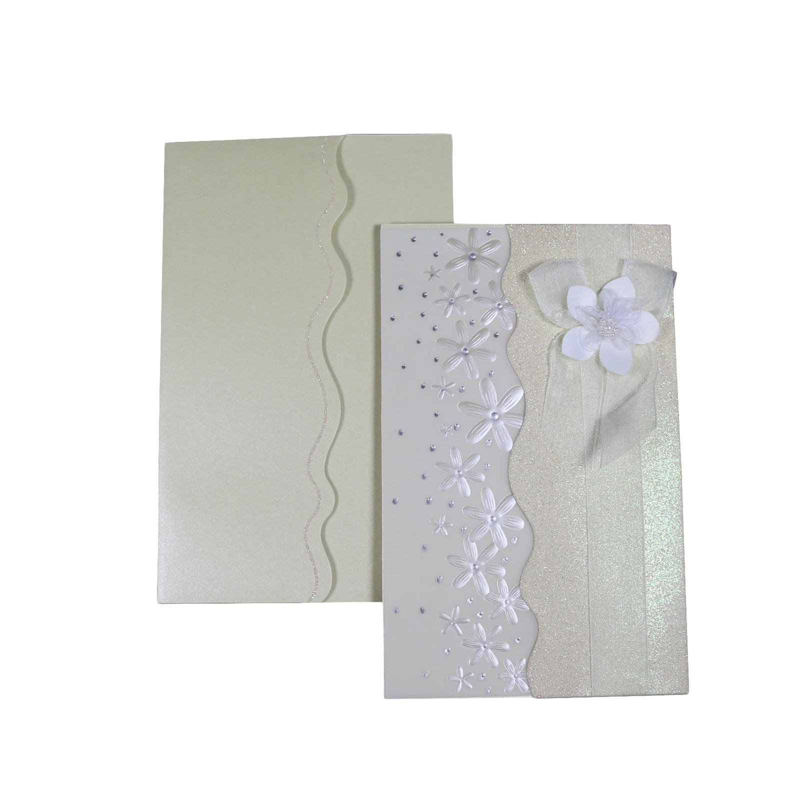 Wholesale Ivory Wedding Invitation Set Romantic White Ribbon Flower Pearl Foiling Embossed Floral Logo Made Paper Stylish Music