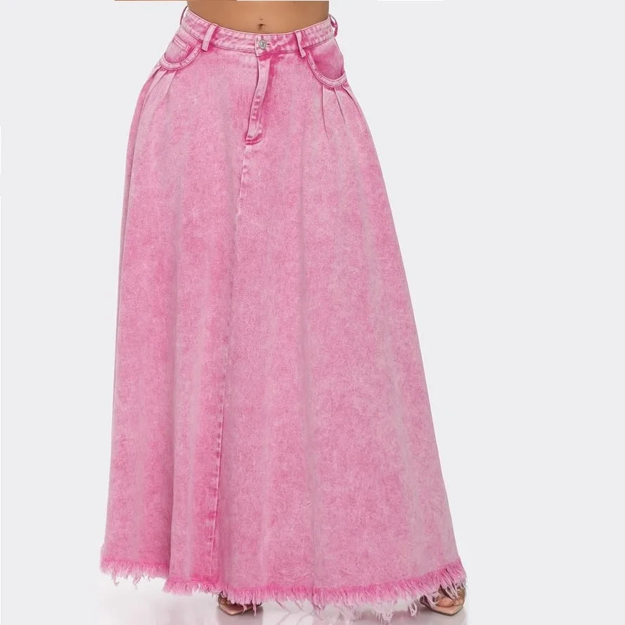 High Quality Heavy Washed 100%Cotton Pink Denim Casual Patch Pocket A-Line Jeans Skirt for Women
