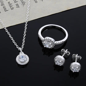 925 Silver Plated Cute Solid Fashion Elegant Women Shiny Crystal Necklace Earring Ring Jewelry Set