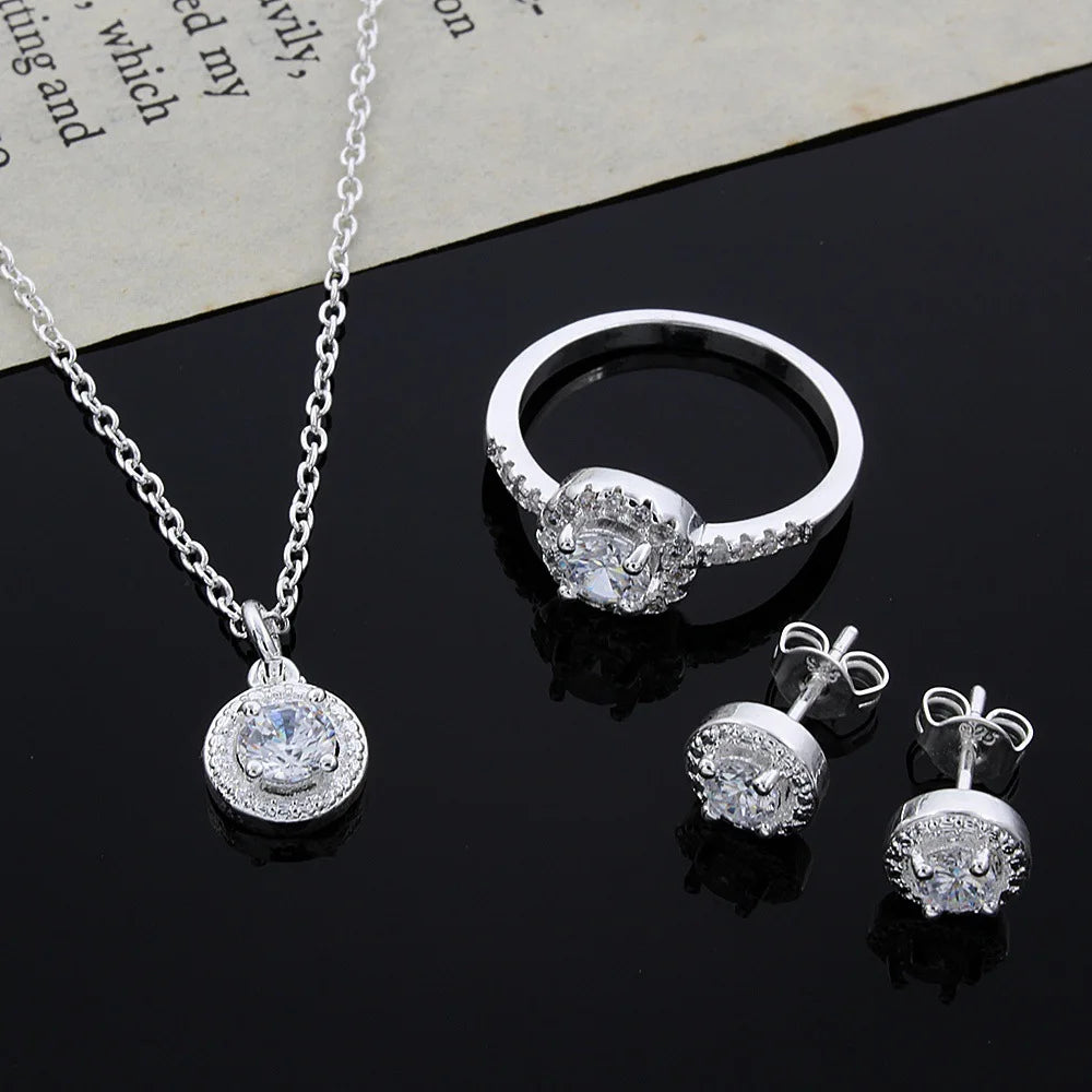 925 Silver Plated Cute Solid Fashion Elegant Women Shiny Crystal Necklace Earring Ring Jewelry Set