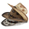 Light-Up Retro Western Cowboy Hat Hollowout Jazz Top Hats for Men & Women Woven Straw with Wind Rope for Travel & Party