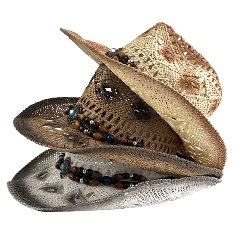 Light-Up Retro Western Cowboy Hat Hollowout Jazz Top Hats for Men & Women Woven Straw with Wind Rope for Travel & Party