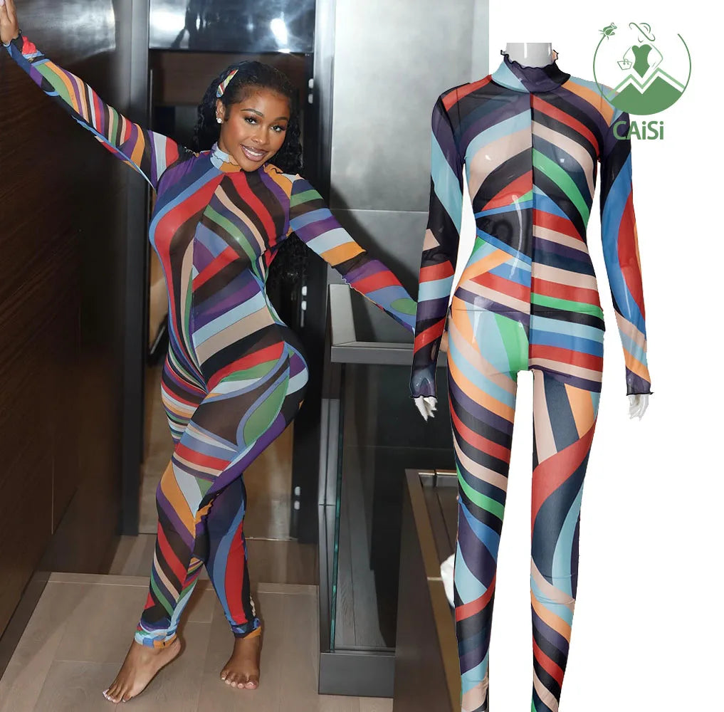 Fashion 2025 Mesh Colorful Striped Jumpsuit Long Sleeves Women Romper Playsuit Print Long Sleeve Women's Jumpsuit