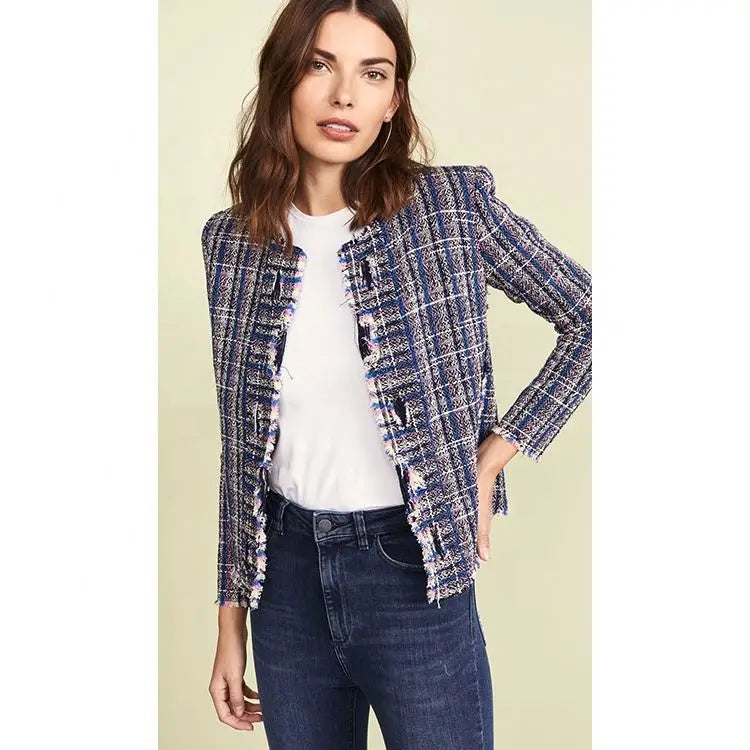 OEM Autumn Fashion Long Sleeve Tweed Blazers for Women Ladies O-Neck No Buttons Knitted Cardigan Formal Suit Blazer Plus Size