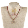 Fashion Beautiful 4mm Pink Natural Stone Rhombic Pendant Necklace Pierced Alloy Cross Crystal Drop Pendant Earring Jewelry Set
