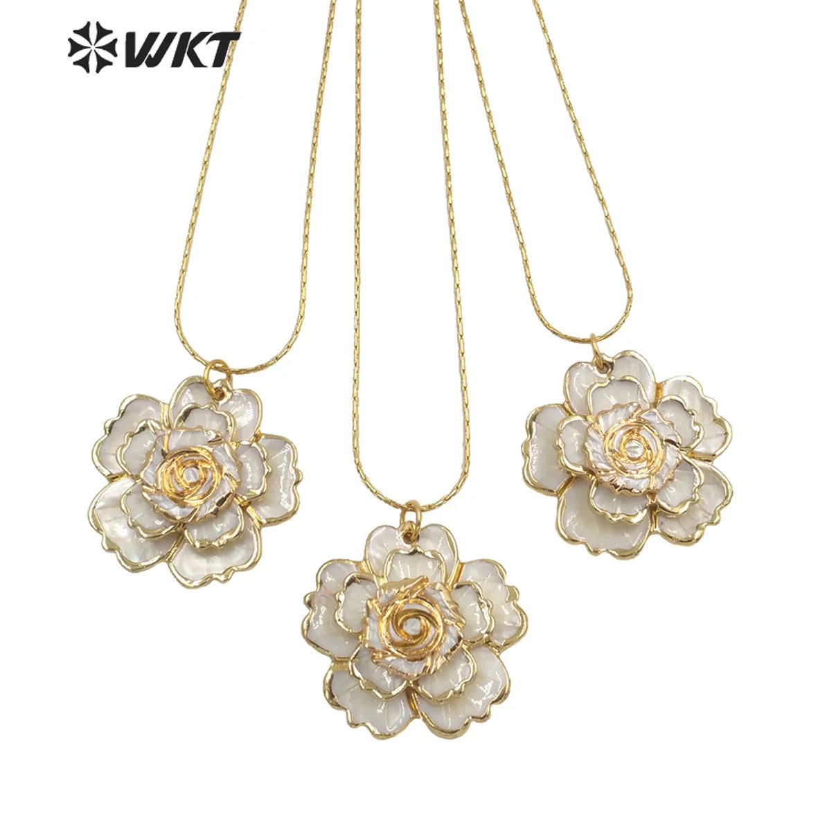WT-JN143 Wholesale Gold Plated Women Handmade Carved Rose Flower Pendant Necklace Multi Layer White Shell Flower Necklace