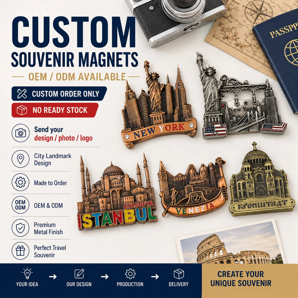 Custom Metal Crafts 3D City Landmark Souvenir Fridge Magnets Tourist Gifts OEM Logo Pattern Antique Finish Manufacturer