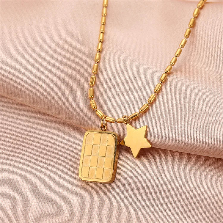 Gold Plated Checkerboard square Pendant Stainless Five-pointed Star Charm Necklace for Women