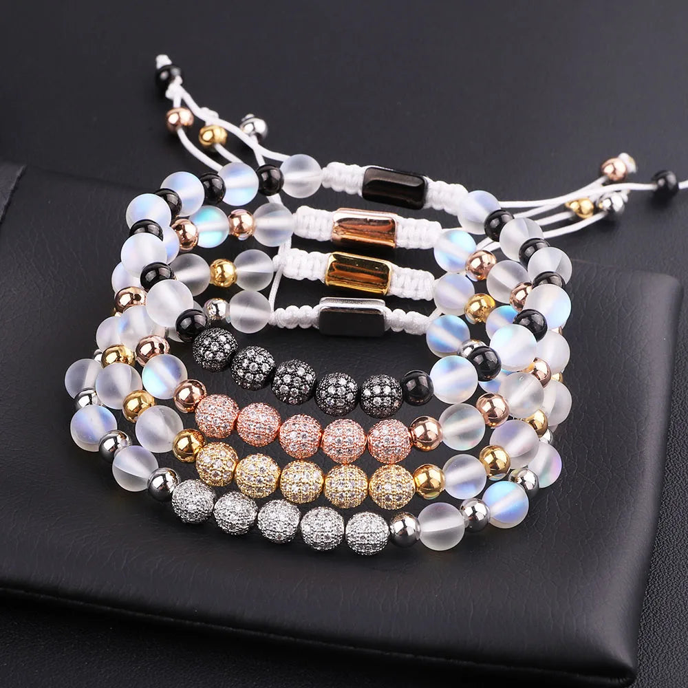 New Design Women Bracelet White Frost Glitter Glass Flash Crystal Beads CZ Pave Ball Macrame Moonstone Beads Bracelet Women