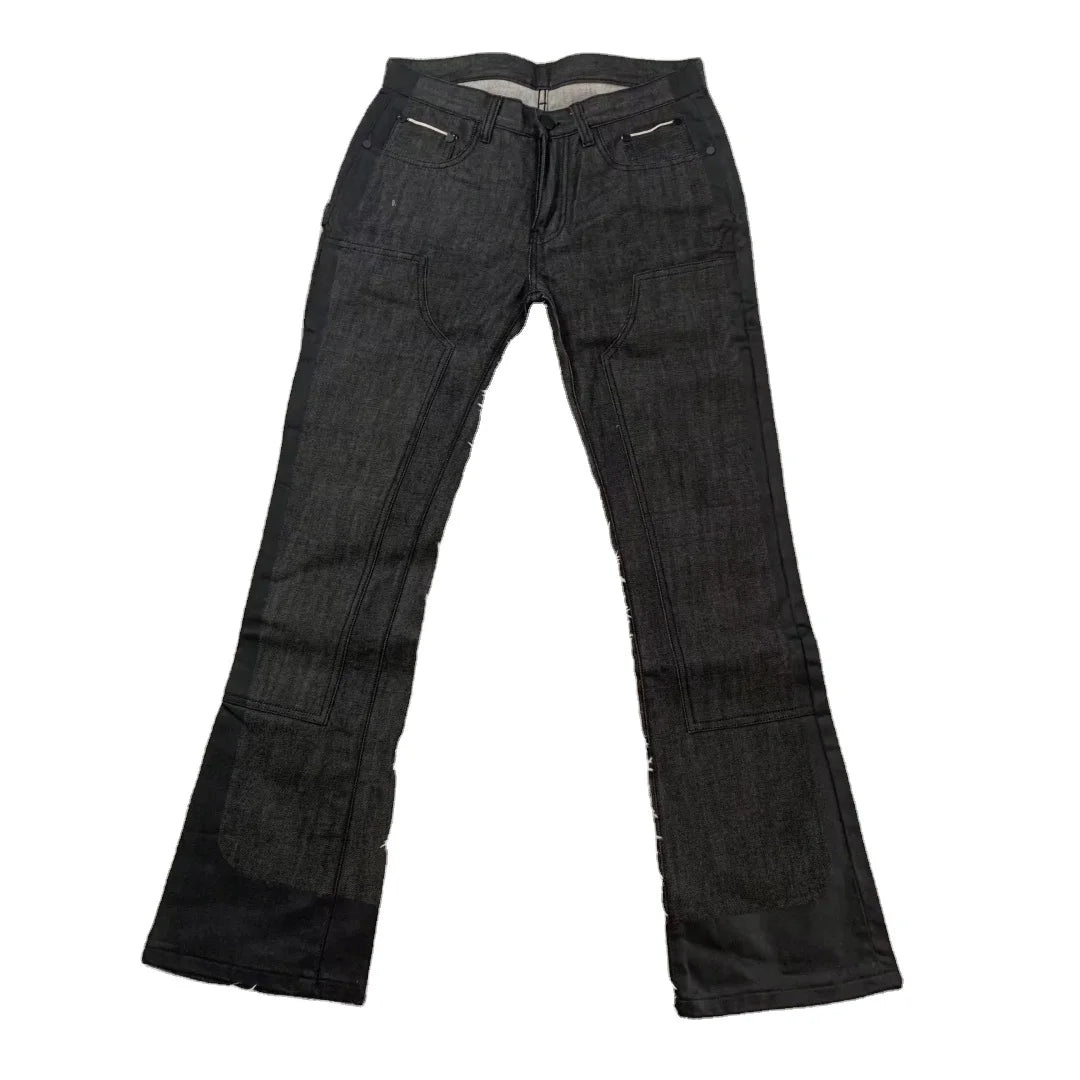 DENIMGUYS Custom Streetwear Black Stacked Bootcut Pants Men Waxed Coated Denim Flared Jeans