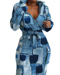 Retro Print Patchwork Pullover Dress Women Deep V Neck Bodycon Party Dress Customized Drawstring Office Lady Casual Dress
