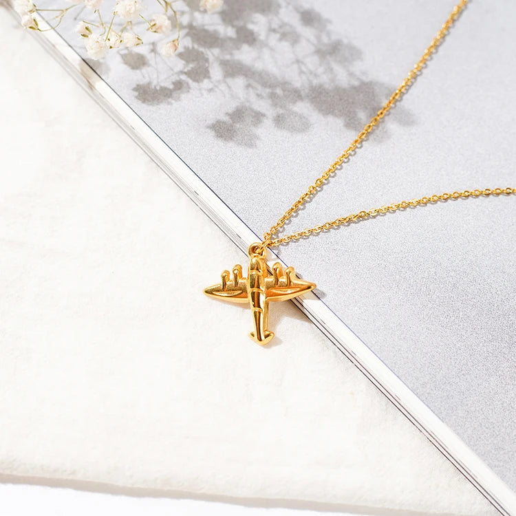 Fashion Bulk Custom Airplane Jewelry 14K Yellow Gold Stainless Steel Simple Aircraft Pendant War Plane Necklace