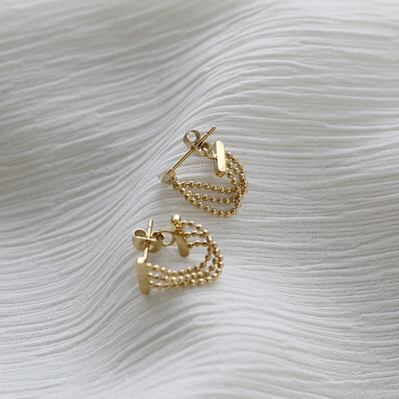 Hypoallergenic Gold Plated Link Chain Beaded Earring Retro Stainless Steel Geometric Long Chain Bead Ear Stud Earring