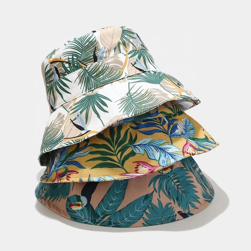 WD-A1027 Tropical Rainforest Design Foldable Sun Protection Bucket Hats Allover Printed Beach Hat Polyester Fishing Casual