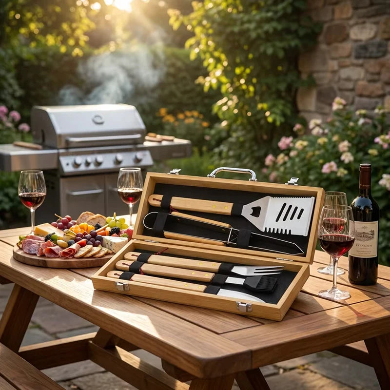 Grill Accessories Wooden Handle 5 Pcs Stainless Steel Bbq Grills Tools Set with Kitchen Cooking Spatula Tong for Outdoor Camping