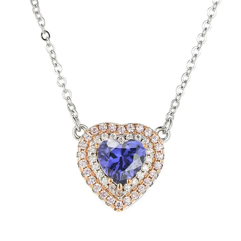 925 Sterling Silver 18K Gold Plated Tanzanite Zircon Heart Shape December Birthstone Necklace With CZ Halo Pendant for Gift