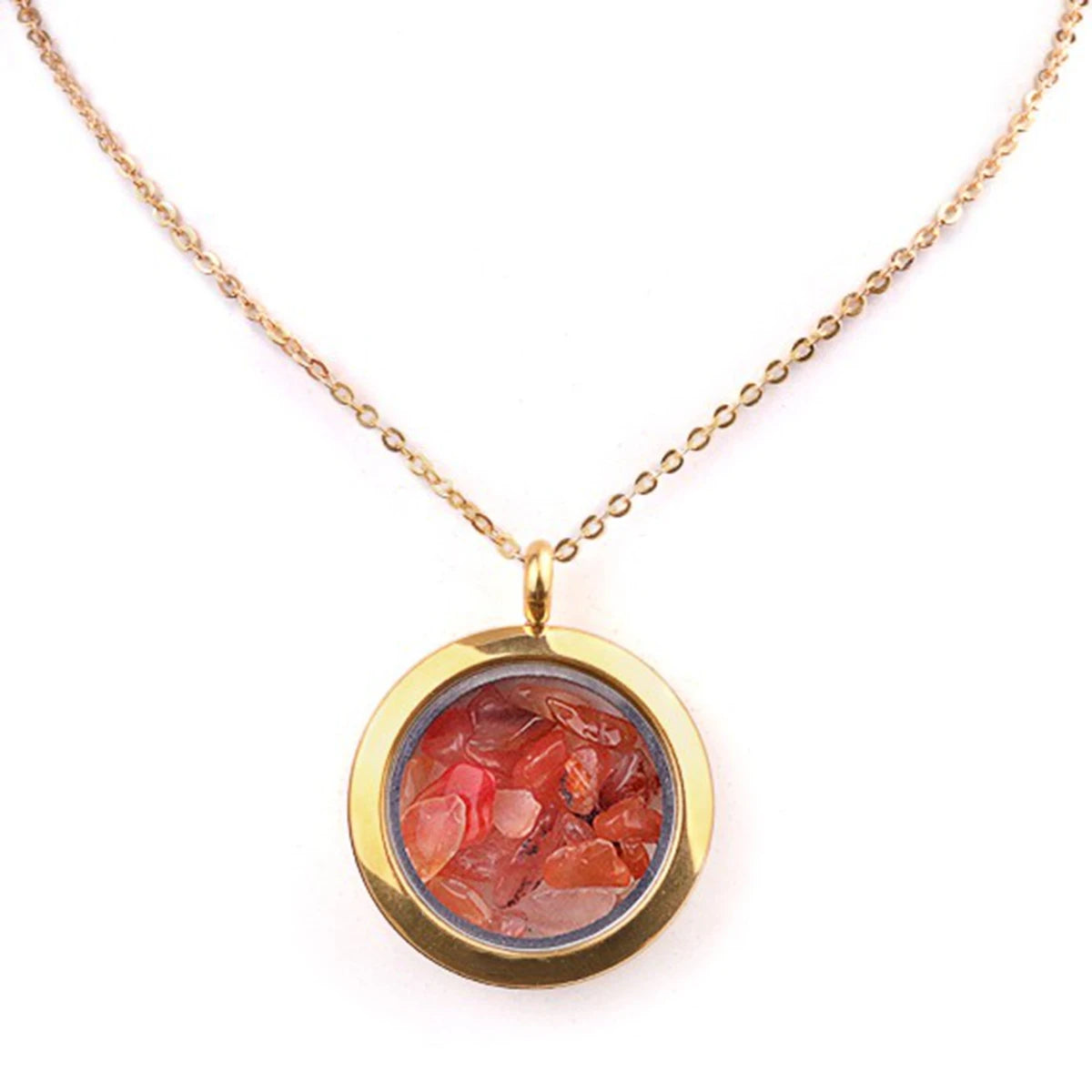 Fashion Carnelian 25mm Gold Round Stainless Steel Hold Crushed Stone Box Pendant Necklace Jewelry Charm Customized Necklace Gift