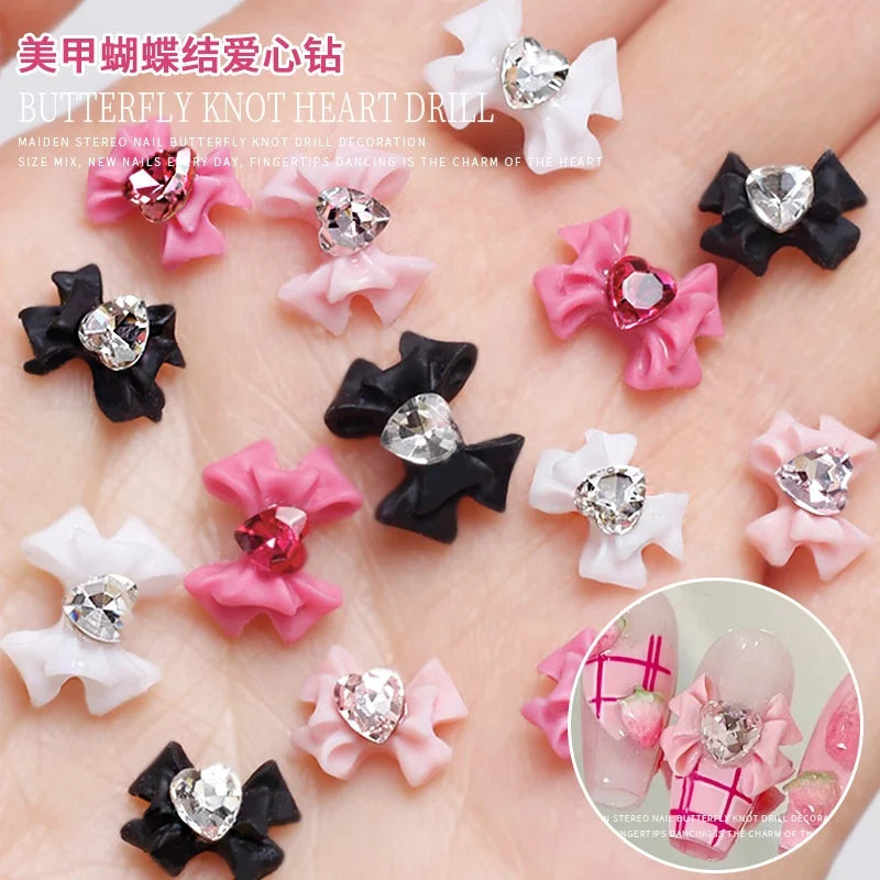 Heart Bow Knot Nail Resin Parts Crystals Diamond Nails Art Charms 3D Gem Nail Decoration Flatback Rhinestones Manucure
