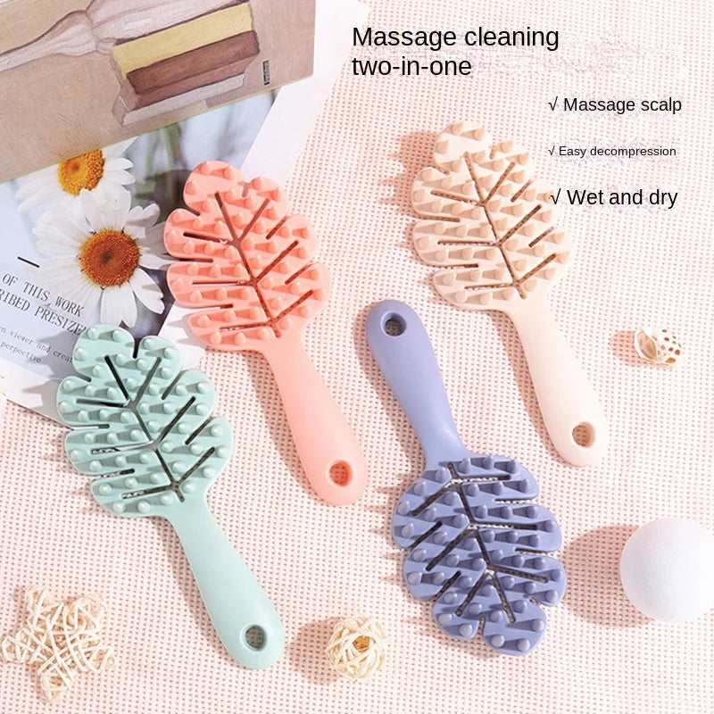 New Arrival Custom Logo Leaf Shaped Household Brush Handheld Silicone Soft Teeth Handle Cleaning Massage Comb