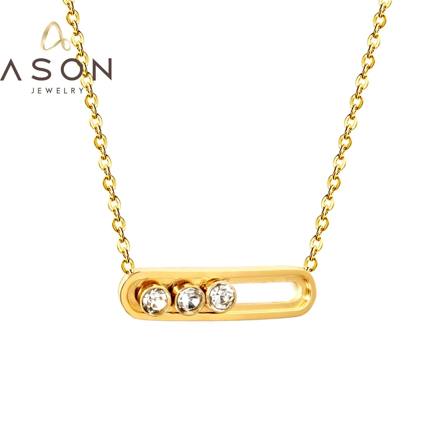 Ason Jewelry 18K Gold Plated Stainless Steel  Pendant Necklace Oval Geometric Frame Zircon Necklace Women's Necklace