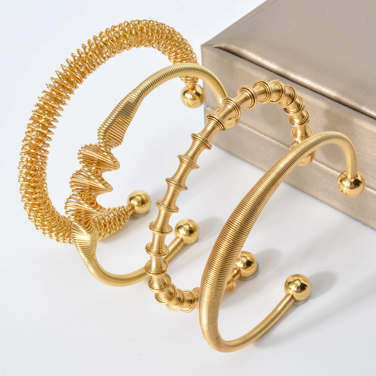 Bohemian Jewelry 18K Gold Plated Stainless Steel Spring Adjustable Twist Cuff Bracelet for Women