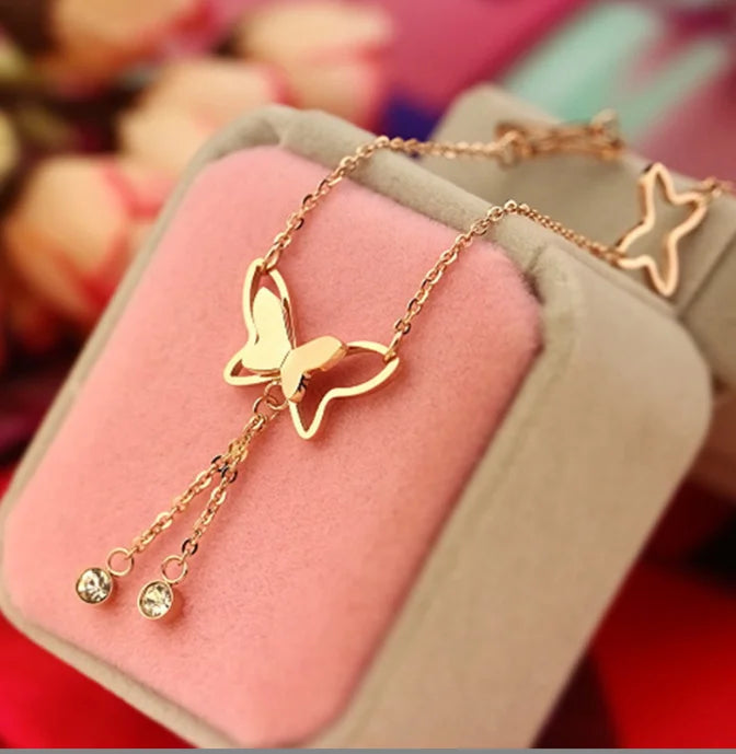 Gold Silver Bracelets Beach Foot Jewelry Tassel Rhinestone Butterfly Pendant Anklets for Women and Girls