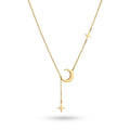 QIAOREN 11331 Tarnish Resistant Waterproof 18K Gold Plated Stainless Steel Moon Star Lariat Pendant Necklace