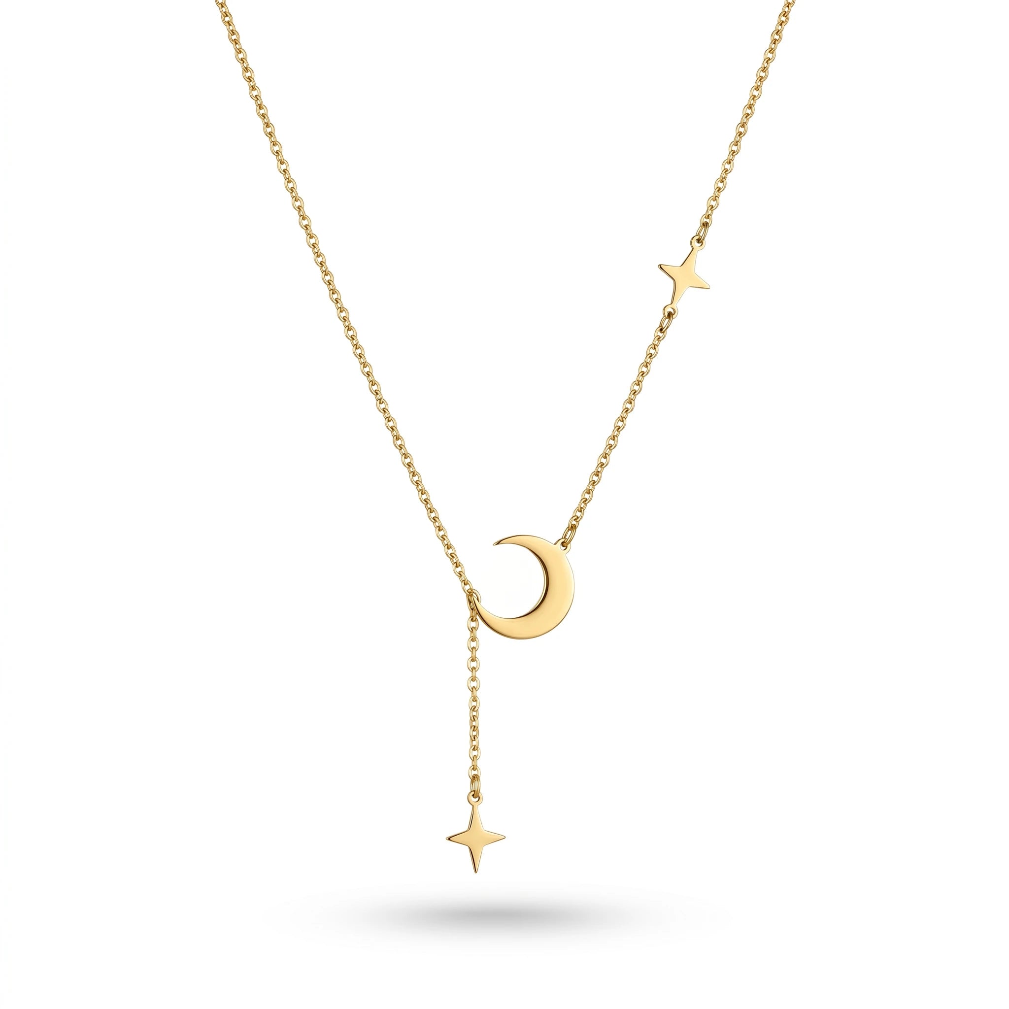 QIAOREN 11331 Tarnish Resistant Waterproof 18K Gold Plated Stainless Steel Moon Star Lariat Pendant Necklace
