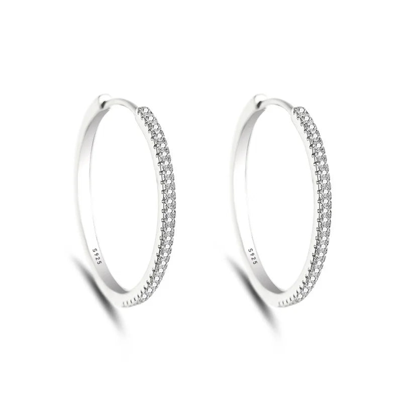 925 Sterling Silver CZ Diamond Single Row Big Circle Women Fashion Simple Huggie Hoop Earrings