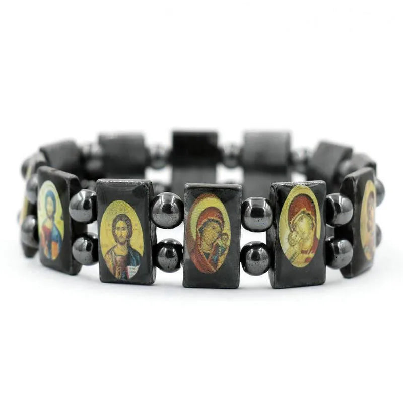Magnetic Therapy Health Hematite Bracelet Men Black Depicting Jesus Saint Messiah Christianity Religion Spiritual Bracelet