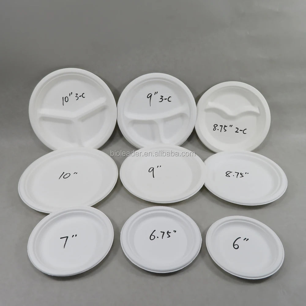 100% Biodegradable BPI & ISO Certified White Disposable Round Bagasse Plate for BBQ/Party