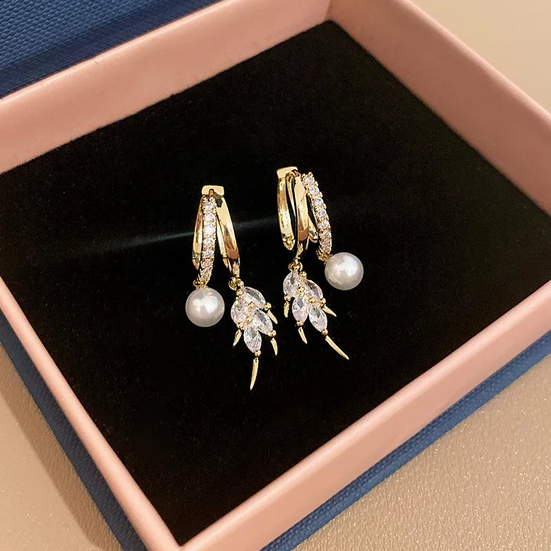 S925 Silver Needle Light Luxury Pearl Heart Ear Stud For Women Pearl Zircon Wheat Leaf Ear Buckle Zircon Love Stud Earring