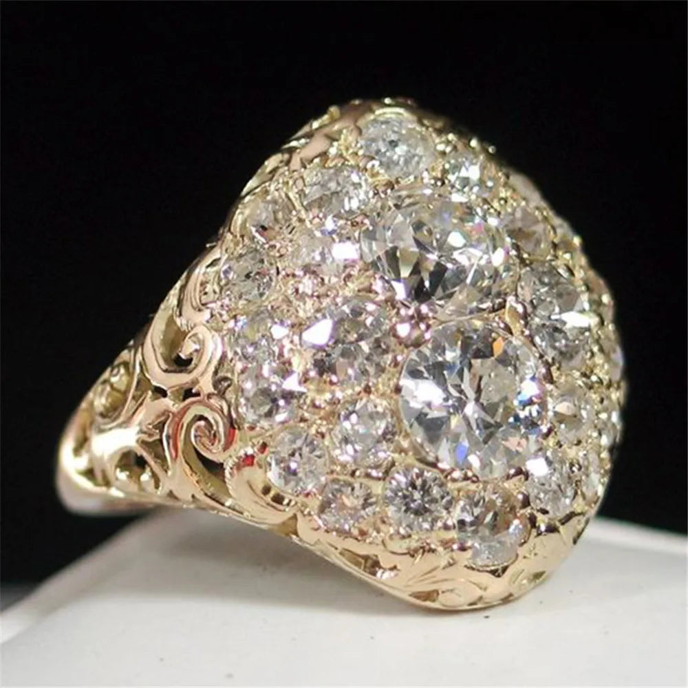 Huitan Noblewomen Super Large Flower Shiny Zircon Anillos Lady Girls Vintage Hollow Carved Gold Luxury Rings