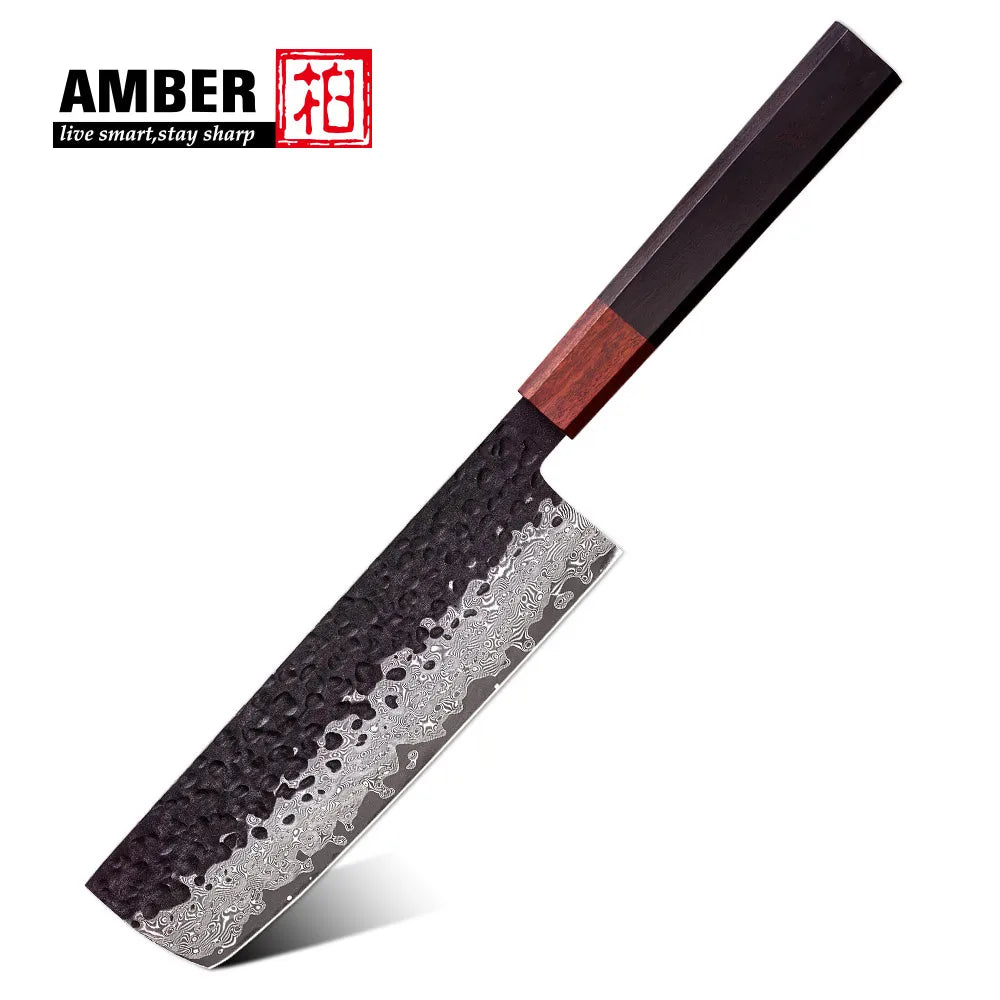 2024 Amber Black Hammer Knife Blade Japanese Kitchen Nakiri Vegetable Knife Damascus Chef Knife with Wood Handle