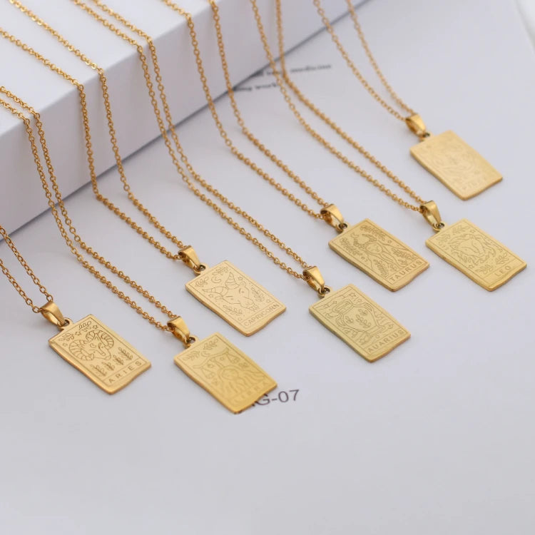 G366 Gold Plated Stainless Steel Necklace Zodiac Geometric Square Horoscope Fashion Jewelry Women Men Necklace