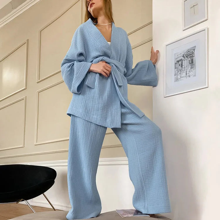 New Loose Long Sleeved Long Pants Suit Solid Color Robe Home Wear Cotton Casual Suit