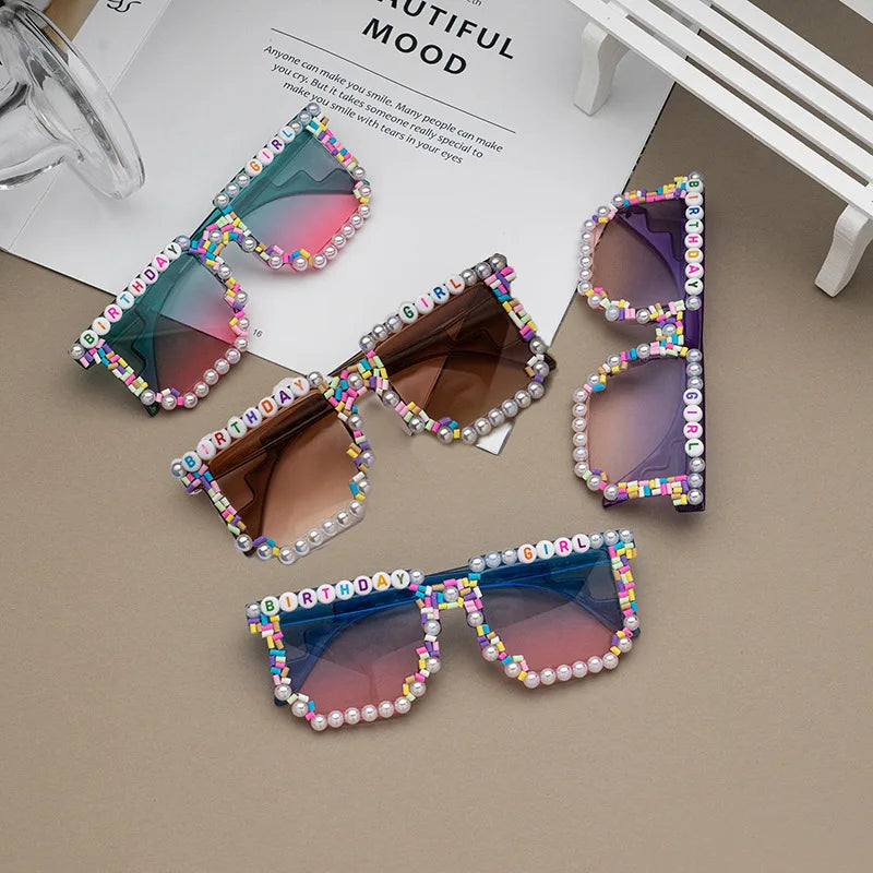 Onemax  Personalised Happy Birthday Photo Props Glasses Rainbow Rhinestone Pearl Birthday Girls Sunglasses