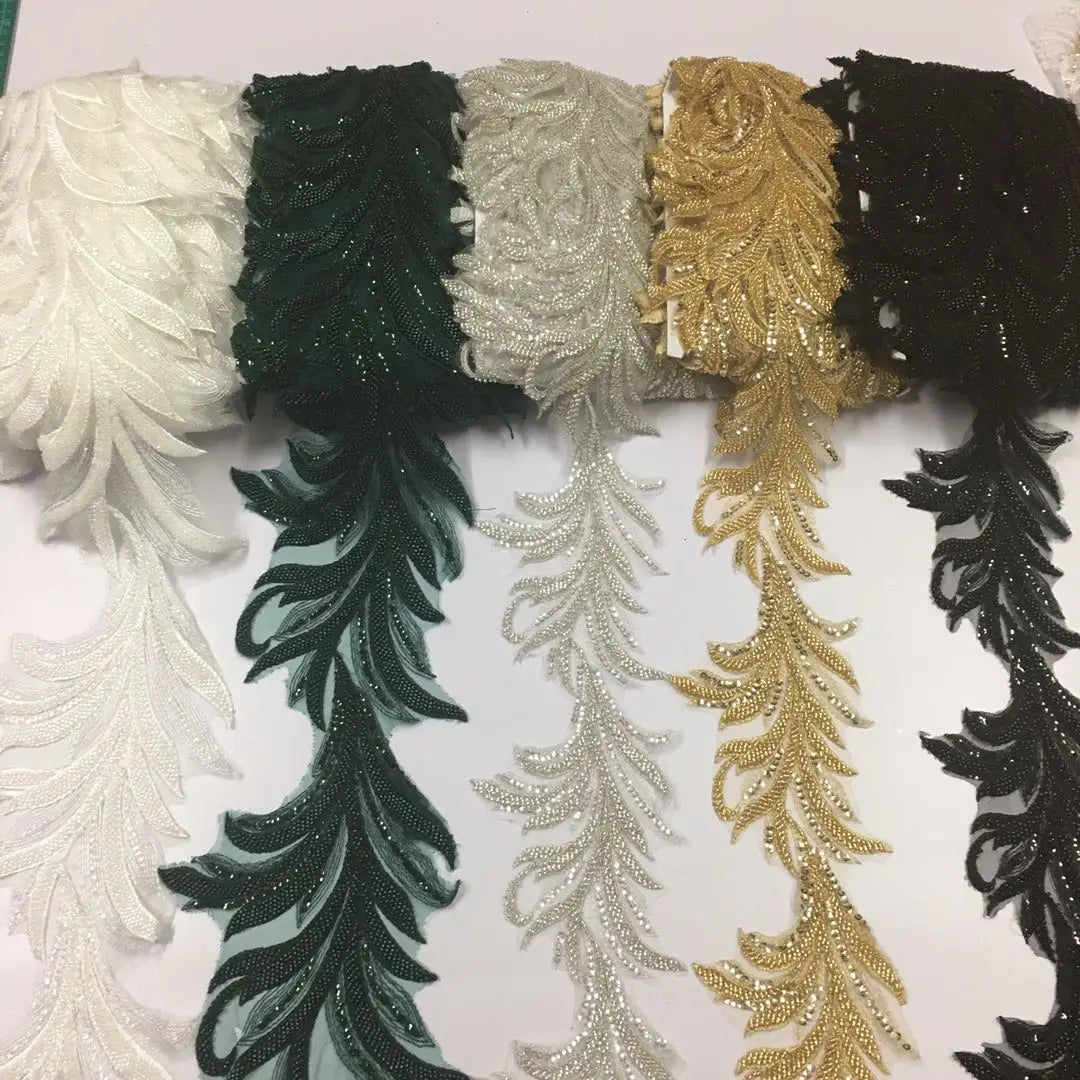 Emerald Green Handmade Seed Beaded Embroidery Leaf Trimming 3d Leaf Applique