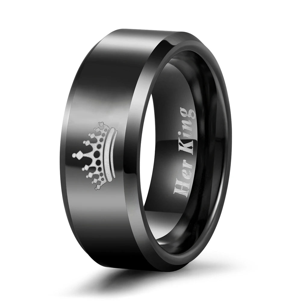 OAHLAN 6mm Black High Polished Her King His Queen Printed Engravable Couple Wedding Bands Crown Tungsten Carbide Rings