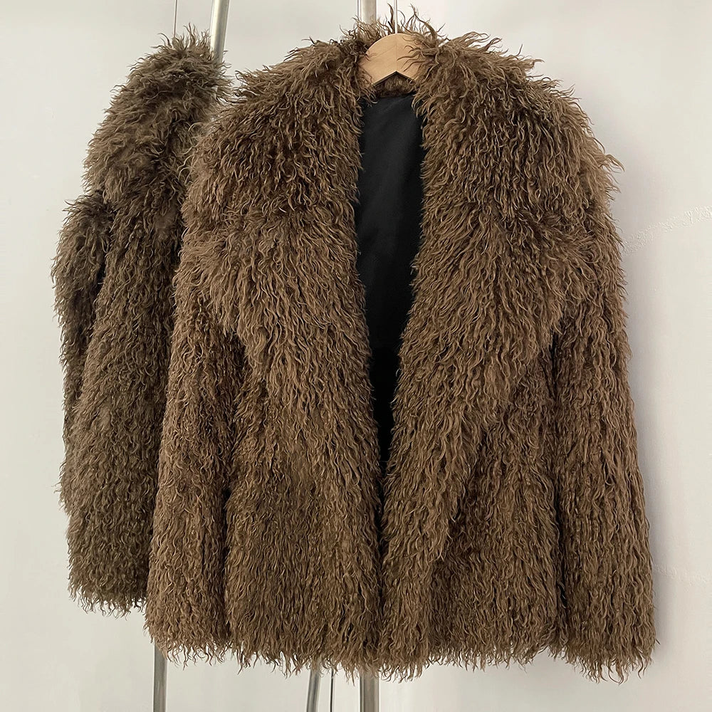 OFTBUY 2025 Winter Fashion Faux Fur Coats Fluffy Artificial Mongolian Fur Coat Sheep Fur Coat Women Elegant Turn-down Collar