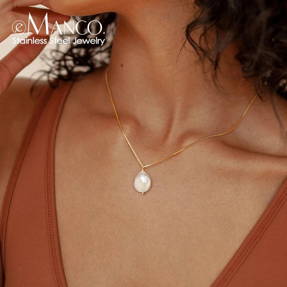EManco Trendy Freshwater Pearl Box Chain Pendant Necklace Stainless Steel Oval Pearl Women's Wedding Party Gift