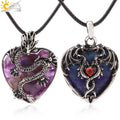 CSJA Antique Silver Plated Chinese Dragon Natural Stone Pink Quartz Crystal Heart Charm Pendant Gemstone Jewelry Necklace H238