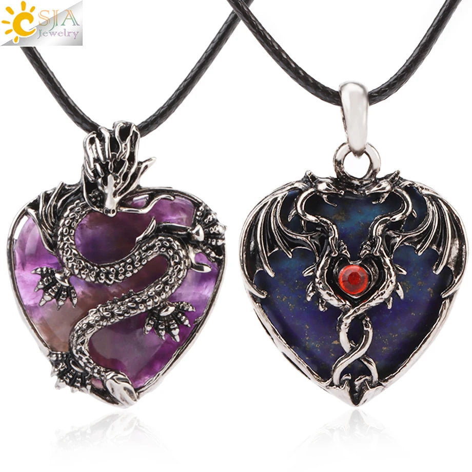 CSJA Antique Silver Plated Chinese Dragon Natural Stone Pink Quartz Crystal Heart Charm Pendant Gemstone Jewelry Necklace H238